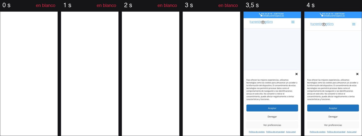 Fotogramas de la carga de la web de Tu Centro Óptico en un móvil, segundo a segundo